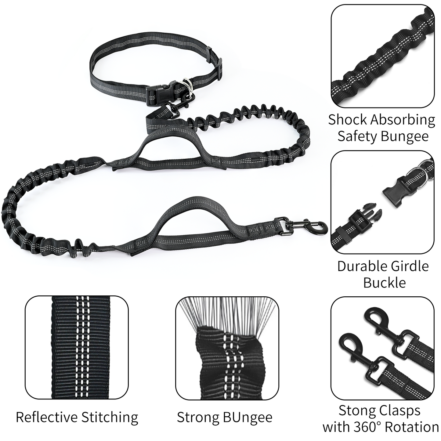 PetStars Hands Free Dog Leash with Zipper Pouch, Dual Padded Handles and Duarable Bungee  Adjustable Waist Belt (27" - 49") Up to 120 lbs, Suit for Medium to Large Dogs Walking, Jogging and Running